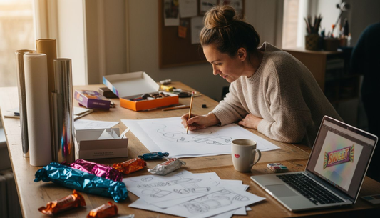 Designer sketching custom candy packaging concepts