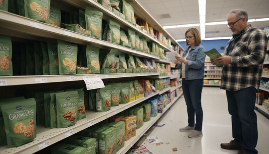 Shoppers browsing snacks in green packaging