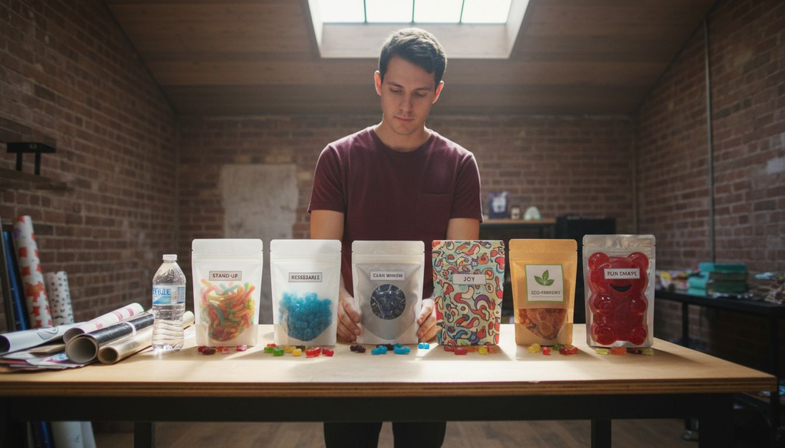 Designer arranging candy pouch samples on display table