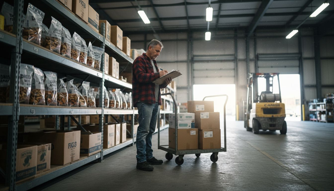 Warehouse worker checking dried fruit inventory