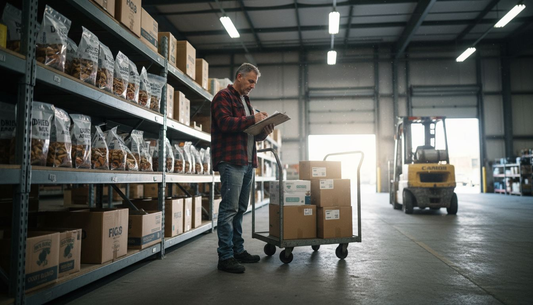 Warehouse worker checking dried fruit inventory
