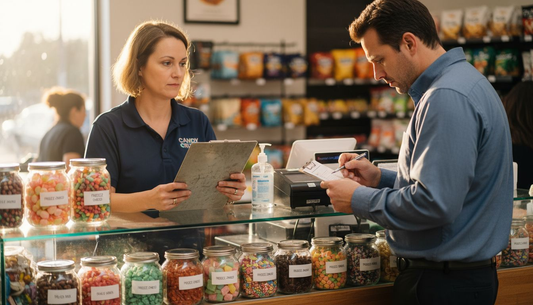 Snack shop manager and food safety inspector discussion