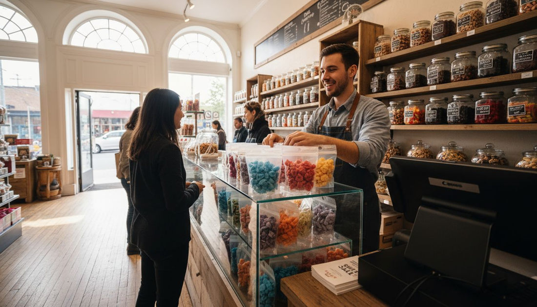 Shopkeeper arranging freeze-dried candy display