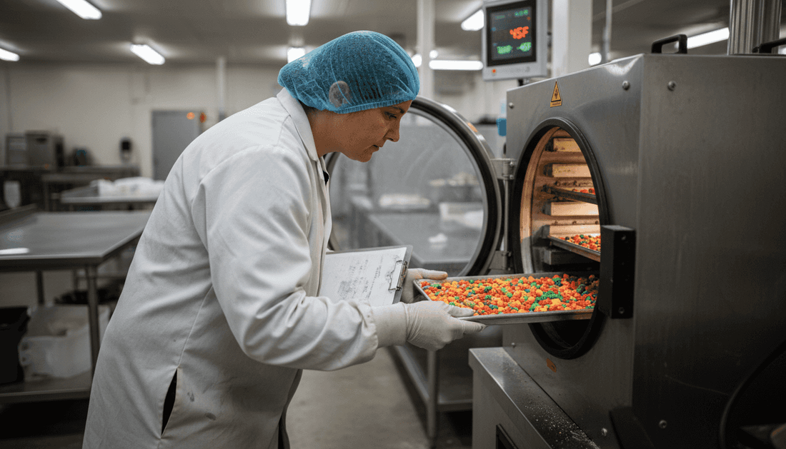 Worker checks freeze dried candy at factory