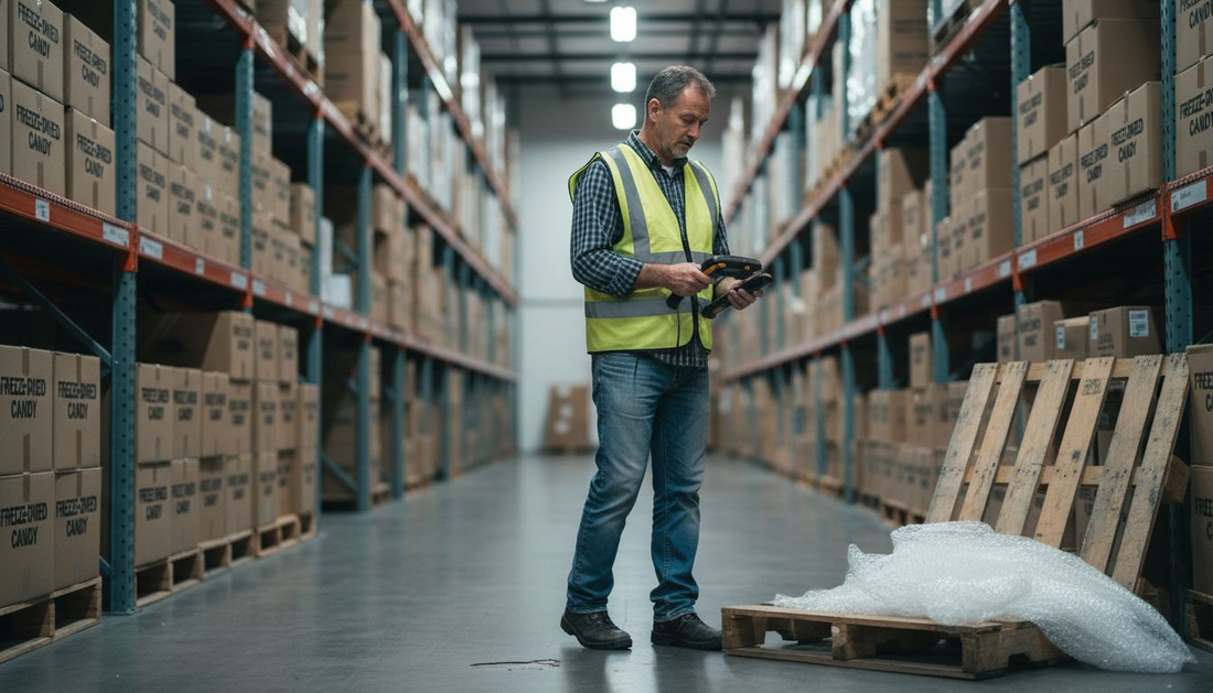 Warehouse manager in candy distribution aisle