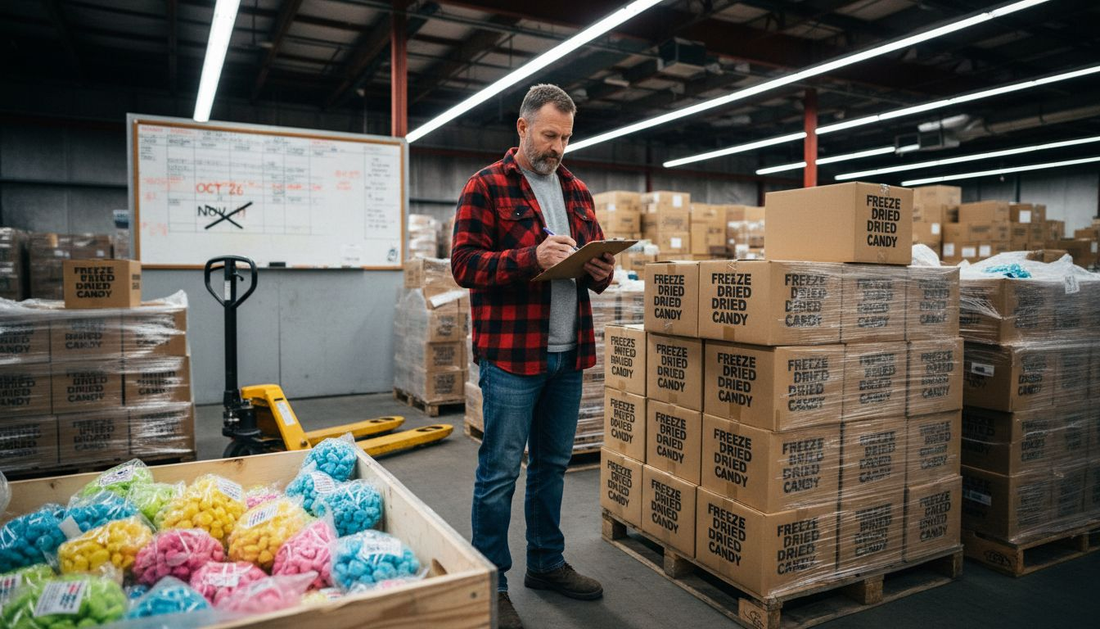 Warehouse manager checks freeze dried candy inventory