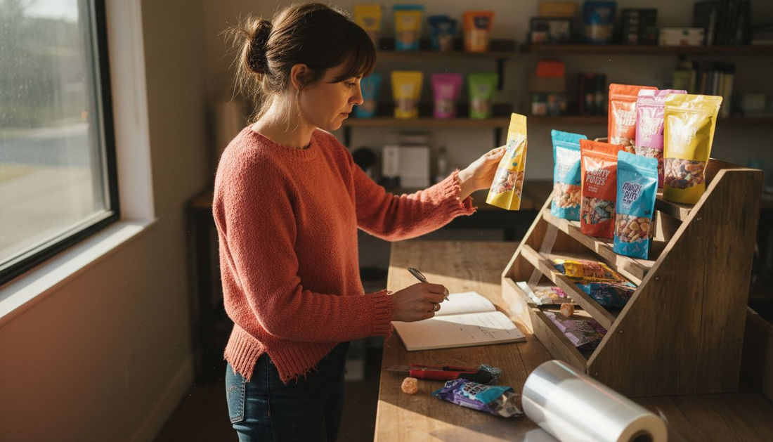 Designer reviewing freeze-dried candy pouch concepts