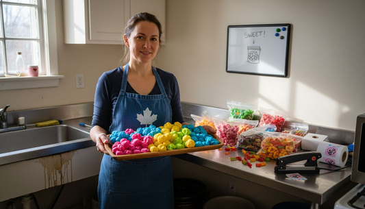 Entrepreneur holding tray of freeze-dried candy