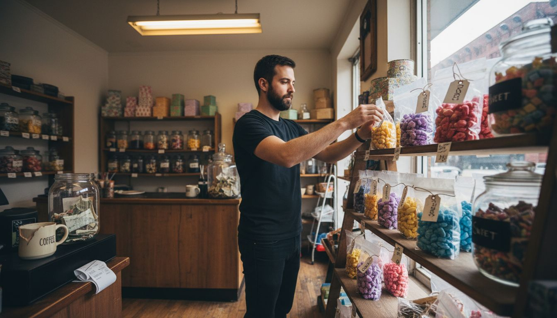 Shop owner arranging colorful candy packaging