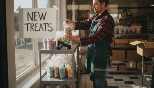 Employee stocking freeze-dried Jolly Ranchers shelf