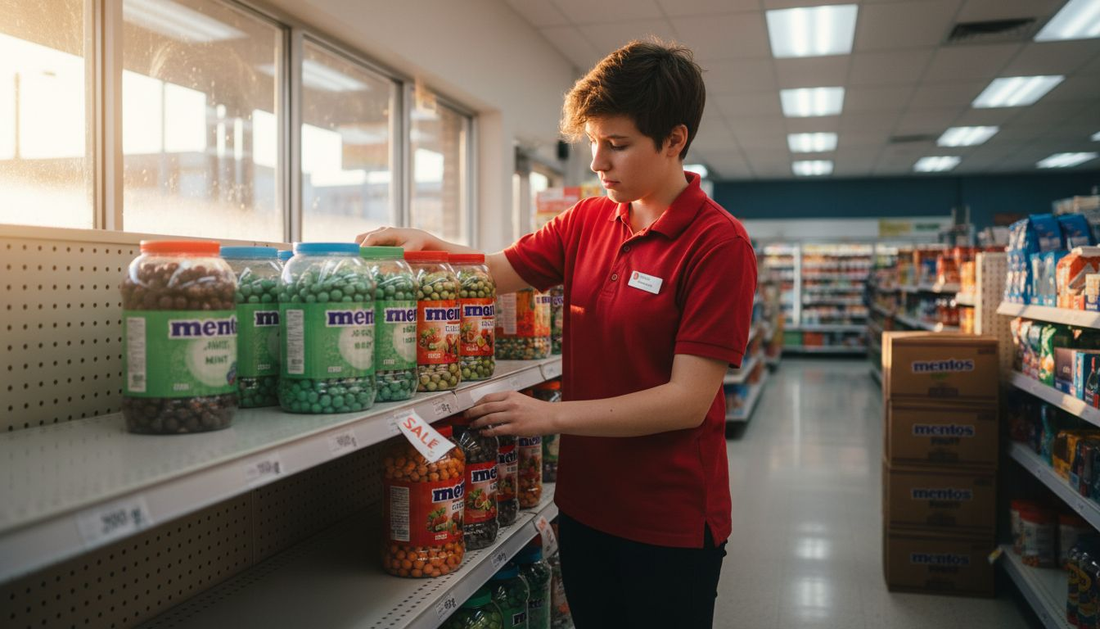 Retail employee stocking Mentos jars on shelves