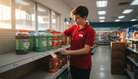 Retail employee stocking Mentos jars on shelves