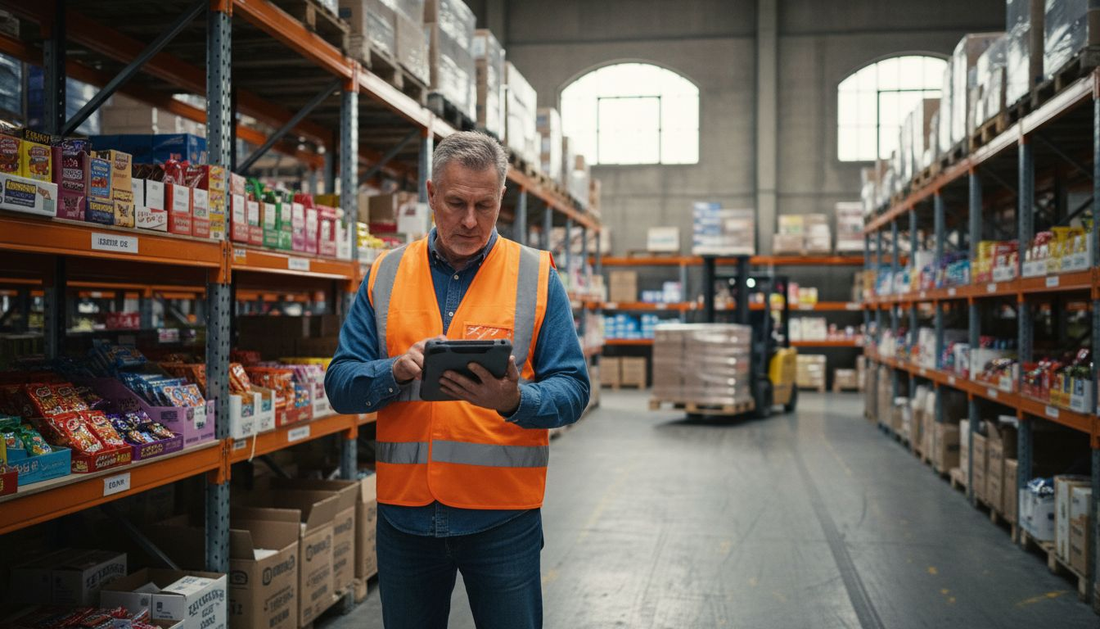 Candy warehouse manager checking inventory