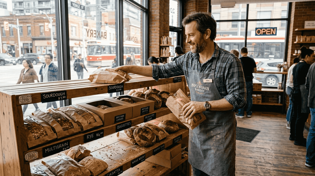 Bakery manager arranging bread display shelf