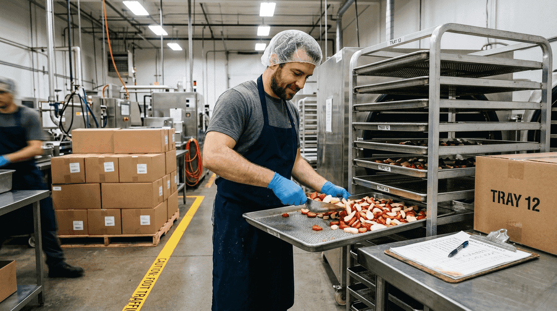 Worker loading fruit trays in Canadian snack facility