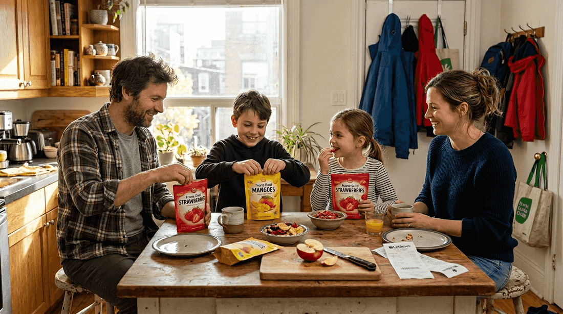 Family enjoying freeze dried snacks in kitchen