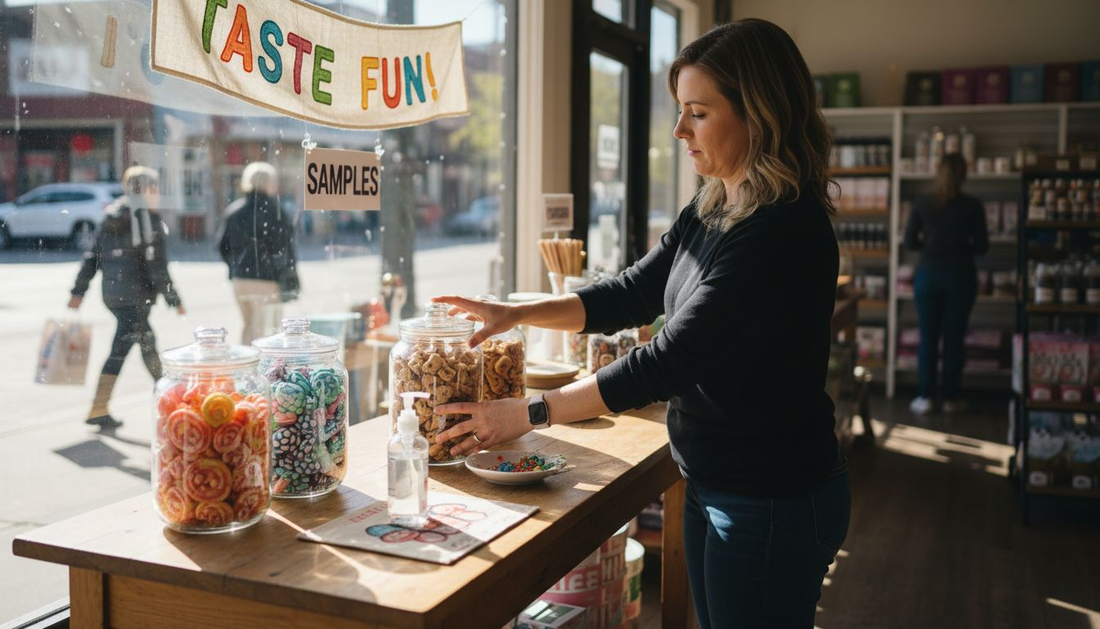 Retail manager setting up freeze dried treats display