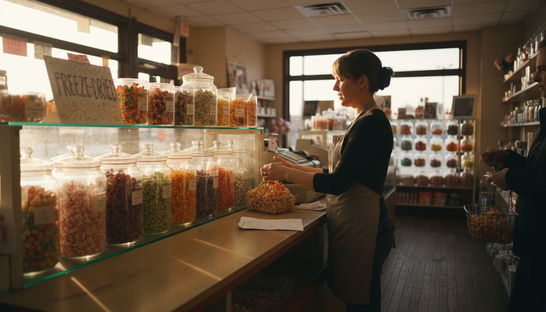 Store owner arranging freeze-dried candies