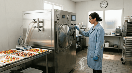 Technician operating candy freeze-drying machine