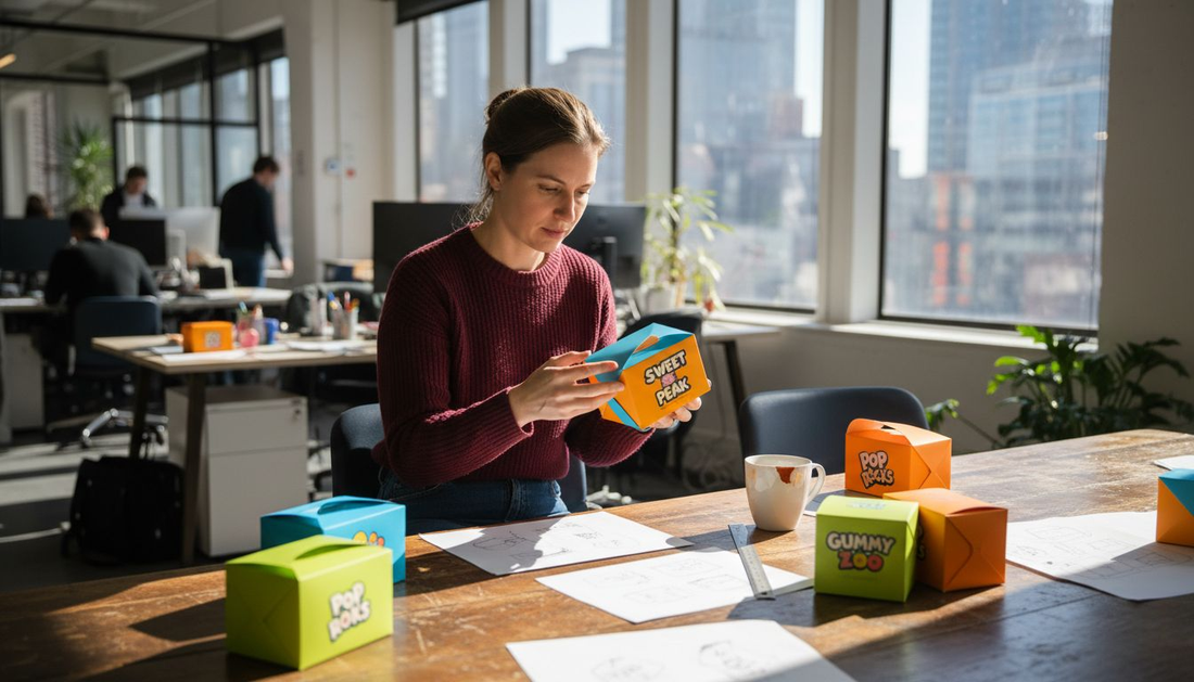 Designer reviewing branded candy box samples