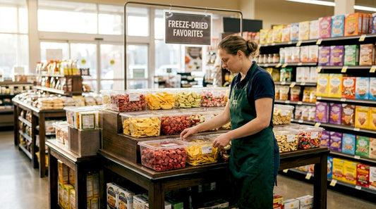 Grocery worker stocking freeze dried product display