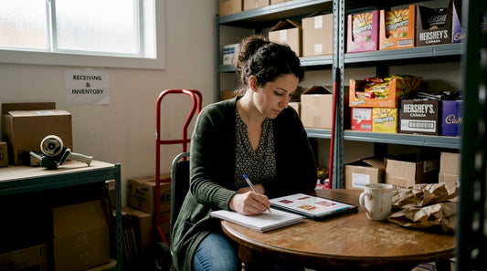 Retailer reviewing candy catalogs in storeroom