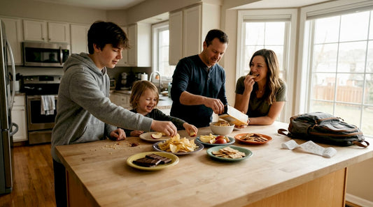Family gathered sharing favorite Canadian snacks