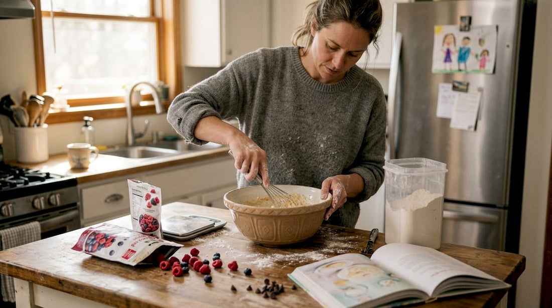 Baker using freeze dried fruit on kitchen counter