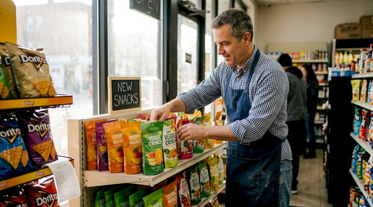 Manager arranging freeze dried snack display