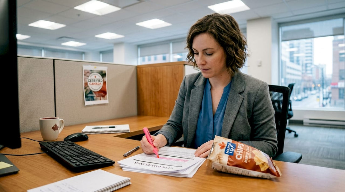 Manager reviewing Canadian snack regulations at desk