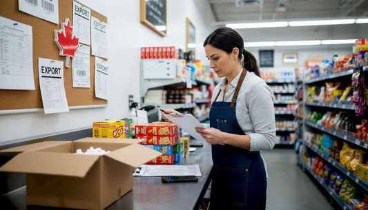 Retailer checking imported snacks in storeroom