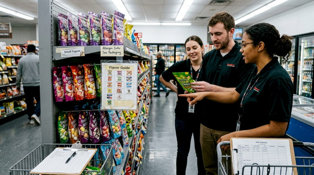 Retail staff at candy shelf discussing products