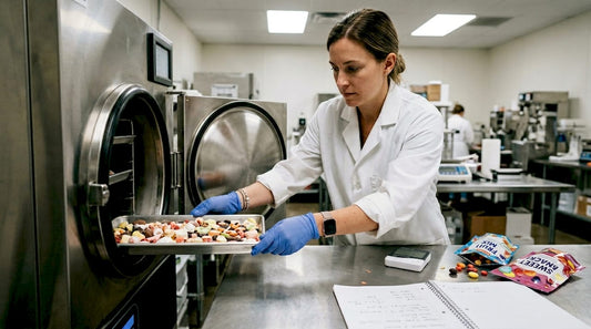 Technician loading freeze dried candy trays