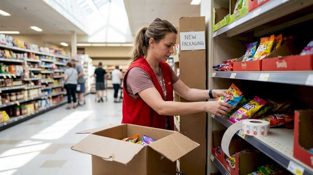 Employee stocking candy packages on grocery shelf