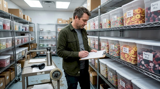 Retail manager checks bulk candy inventory bins