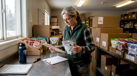 Wholesaler checks inventory of freeze-dried snacks