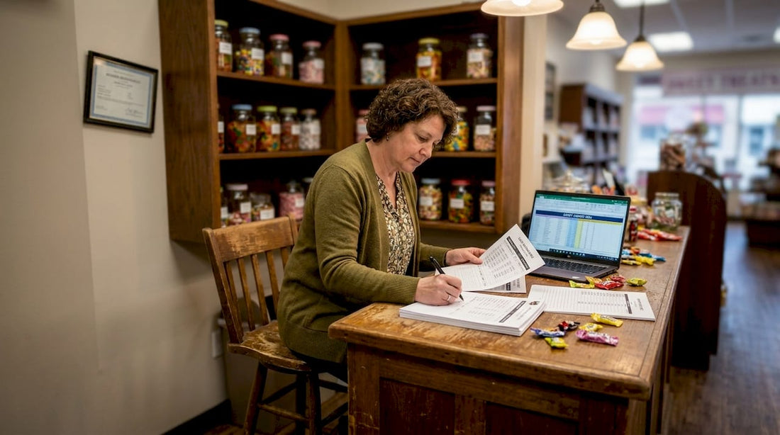Retail manager reviewing bulk candy orders