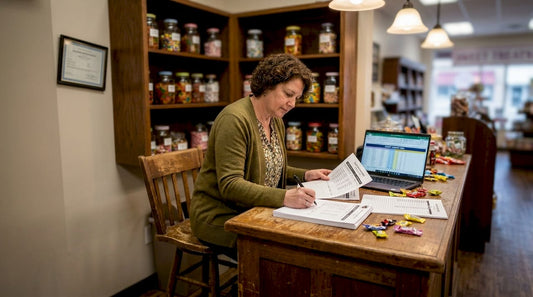 Retail manager reviewing bulk candy orders
