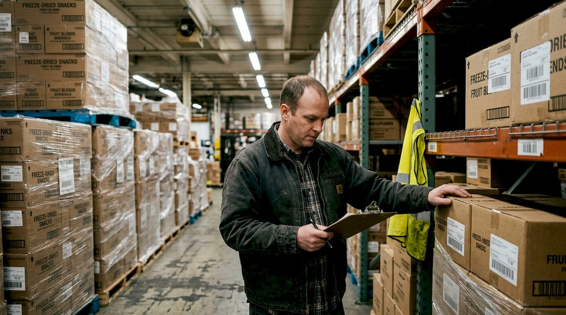Warehouse manager checking freeze-dried snack inventory