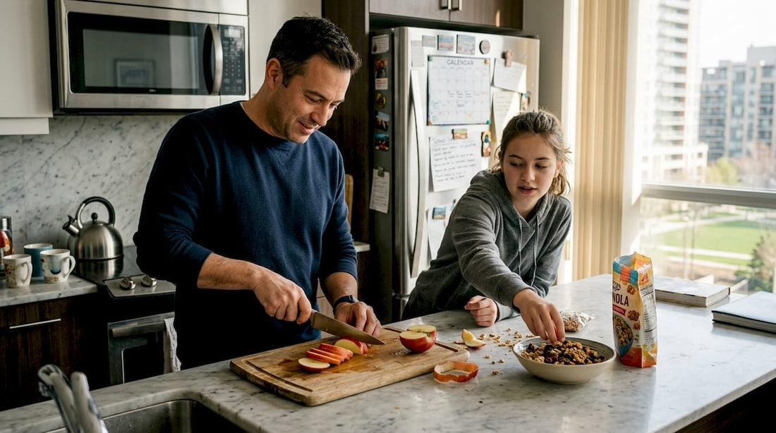 Family preparing snacks in kitchen