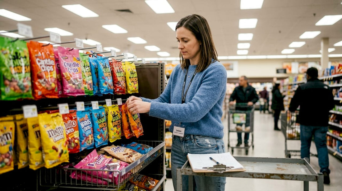 Product manager organizing candy display in grocery aisle