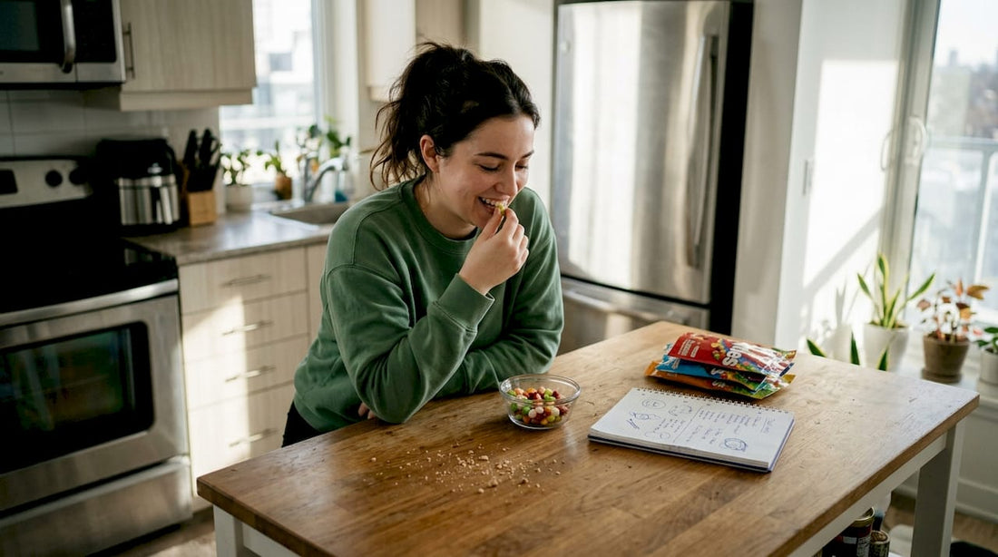 Sampling freeze-dried Skittles in home kitchen