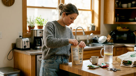 Woman checking freeze dried sweets nutrition label