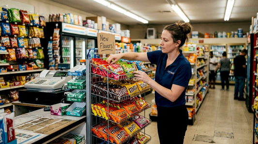 Store manager organizing central candy display