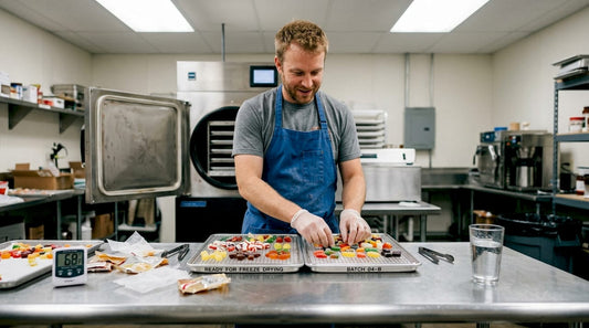 Candy technician preparing trays for freeze drying