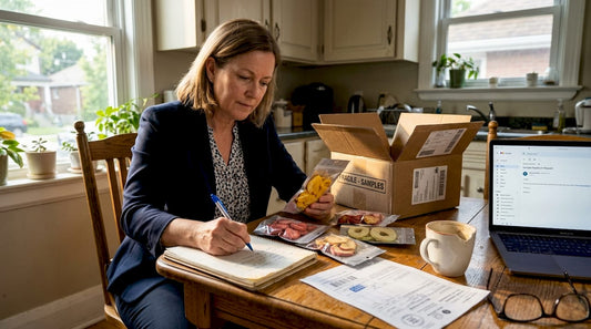 Woman reviewing Canadian freeze-dried snack samples