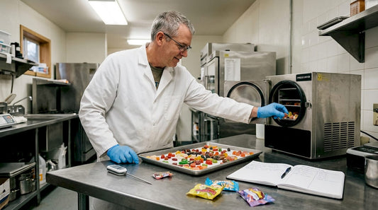Technician preparing candies for freeze drying
