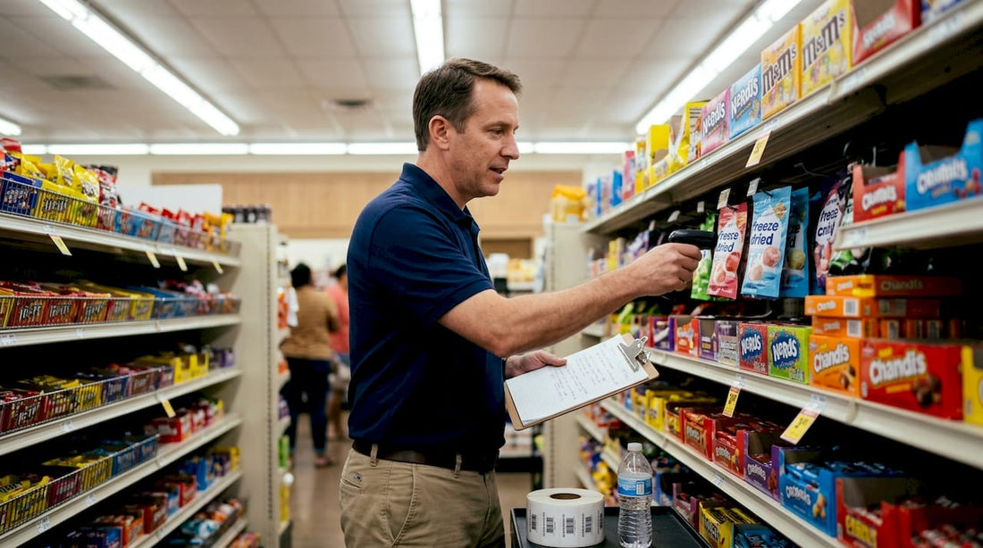 Store manager checking freeze-dried candy shelf