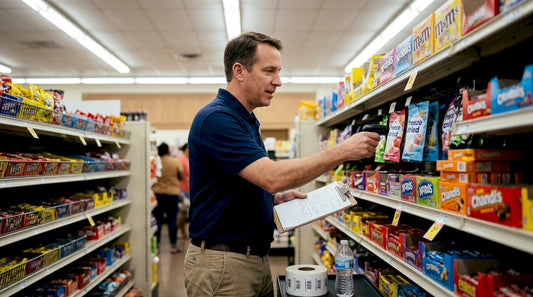 Store manager checking freeze-dried candy shelf