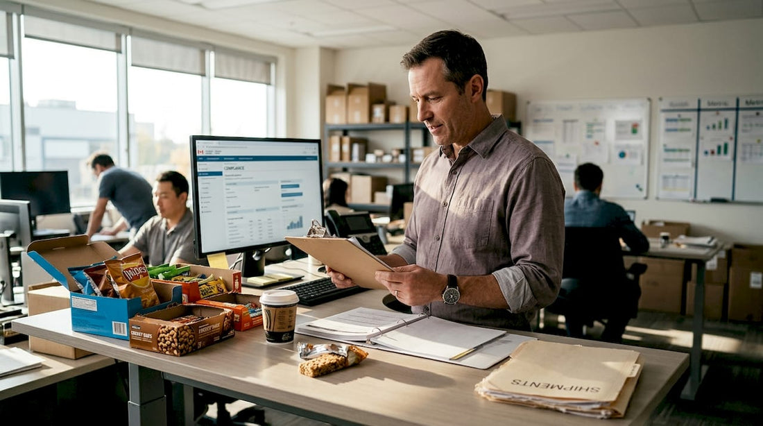 Officer reviewing snack shipment with documents